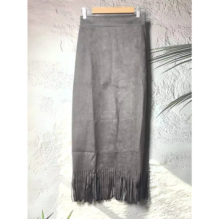 High-Waisted Fringe Midi Skirt Apparel and Accessories