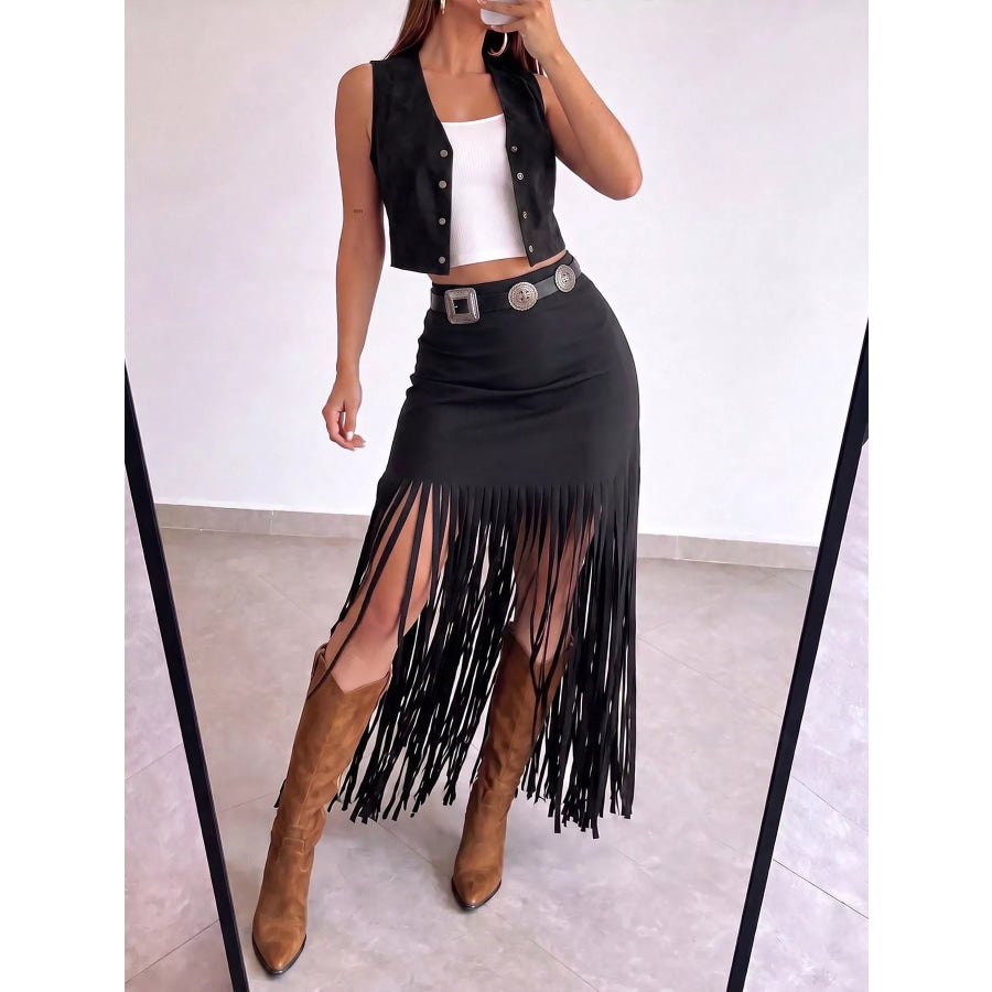 High-Waisted Fringe Midi Skirt Apparel and Accessories