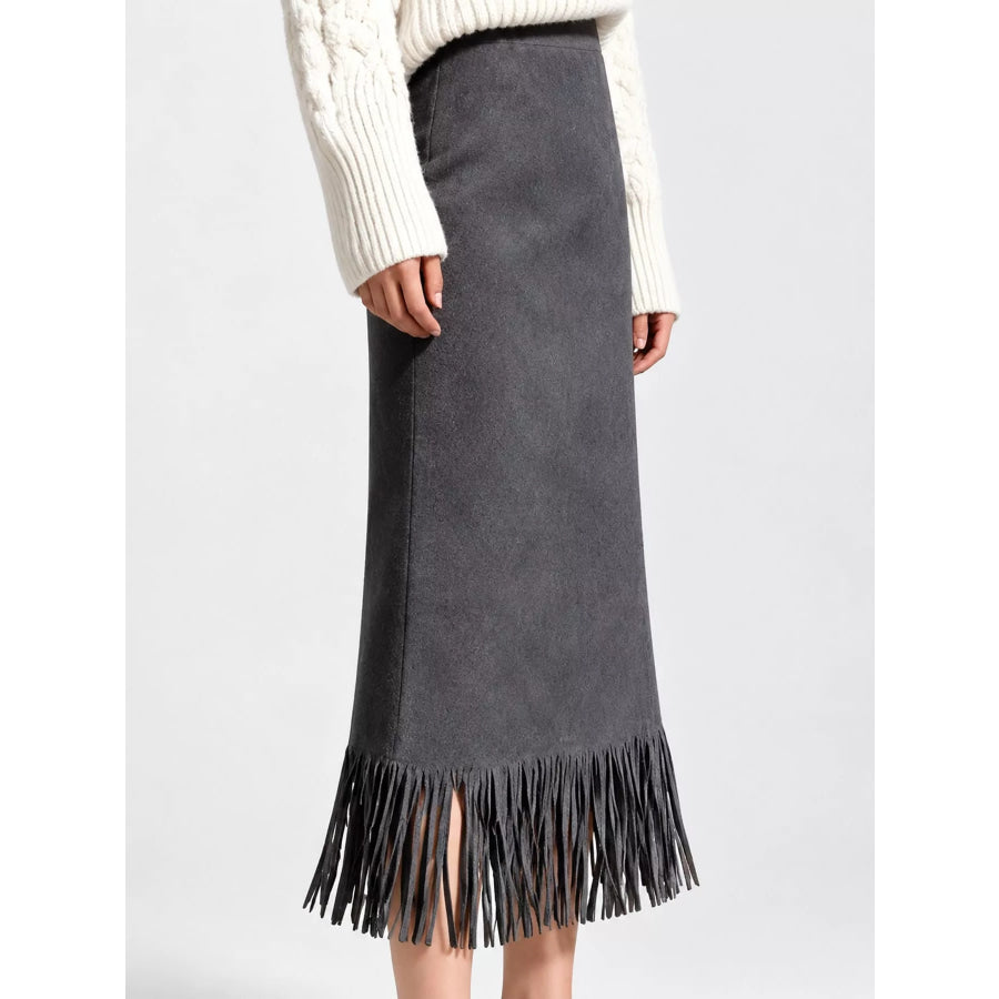 High-Waisted Fringe Midi Skirt Apparel and Accessories