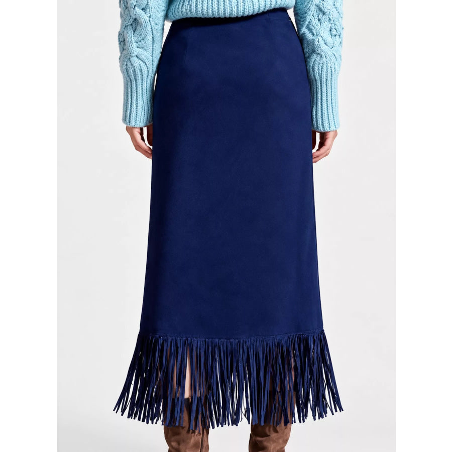 High-Waisted Fringe Midi Skirt Apparel and Accessories