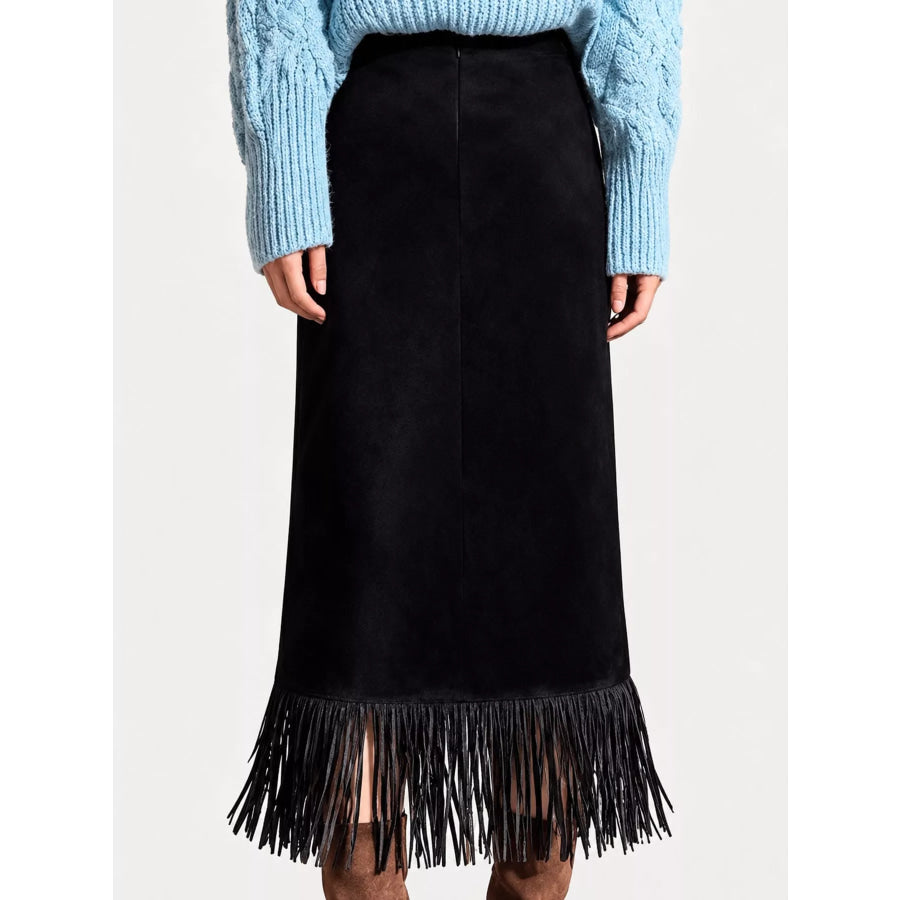 High-Waisted Fringe Midi Skirt Apparel and Accessories