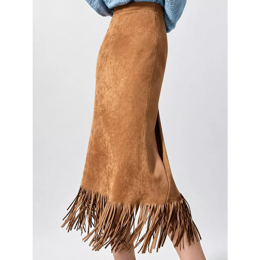 High-Waisted Fringe Midi Skirt Apparel and Accessories