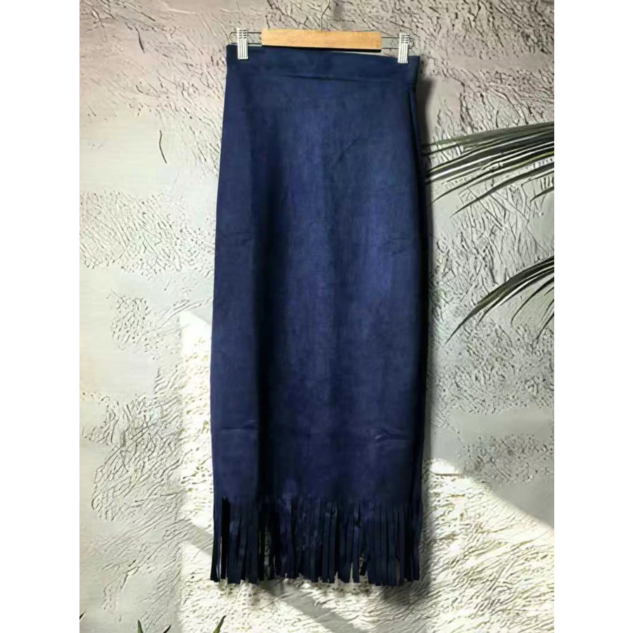 High-Waisted Fringe Midi Skirt Apparel and Accessories