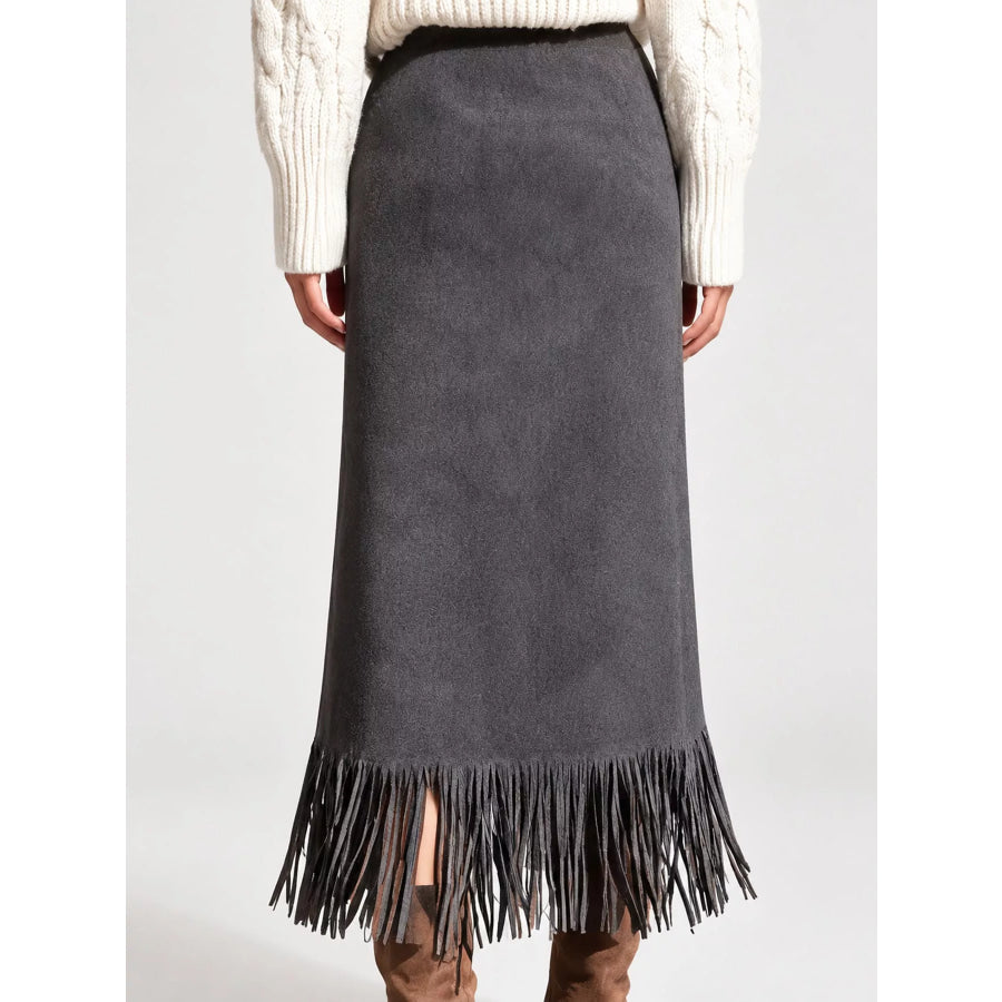 High-Waisted Fringe Midi Skirt Apparel and Accessories