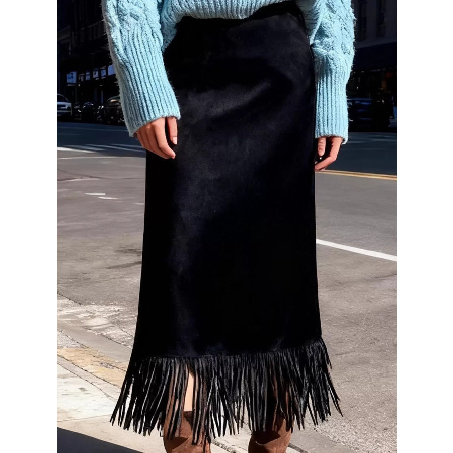 High-Waisted Fringe Midi Skirt Black / S Apparel and Accessories