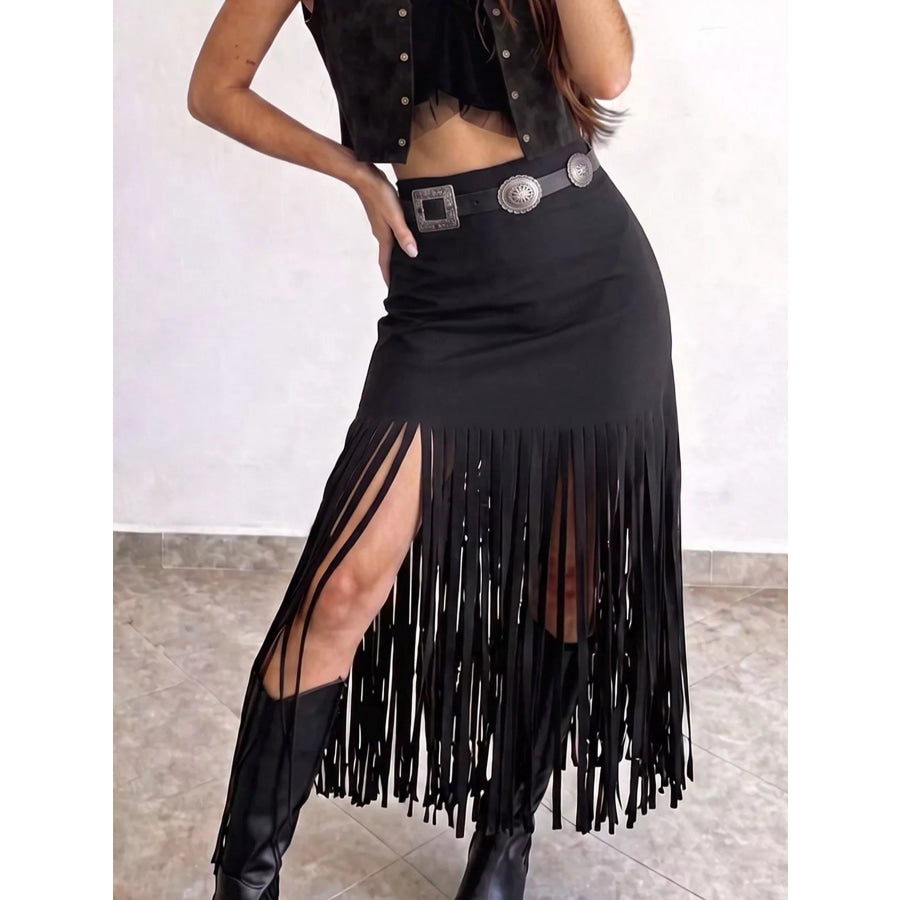 High-Waisted Fringe Midi Skirt Black / S Apparel and Accessories