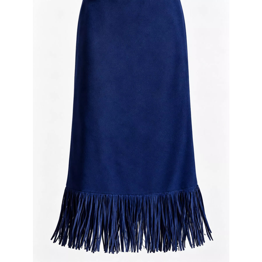 High-Waisted Fringe Midi Skirt Dark Blue / S Apparel and Accessories