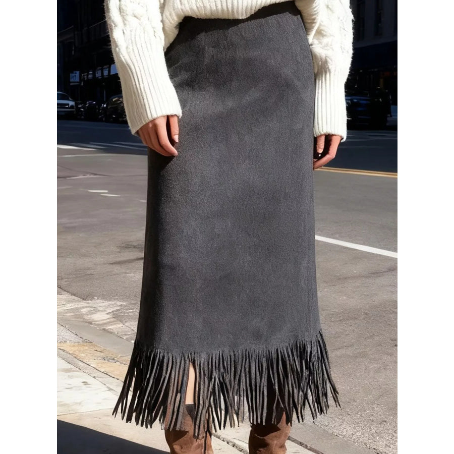 High-Waisted Fringe Midi Skirt Dark Gray / S Apparel and Accessories
