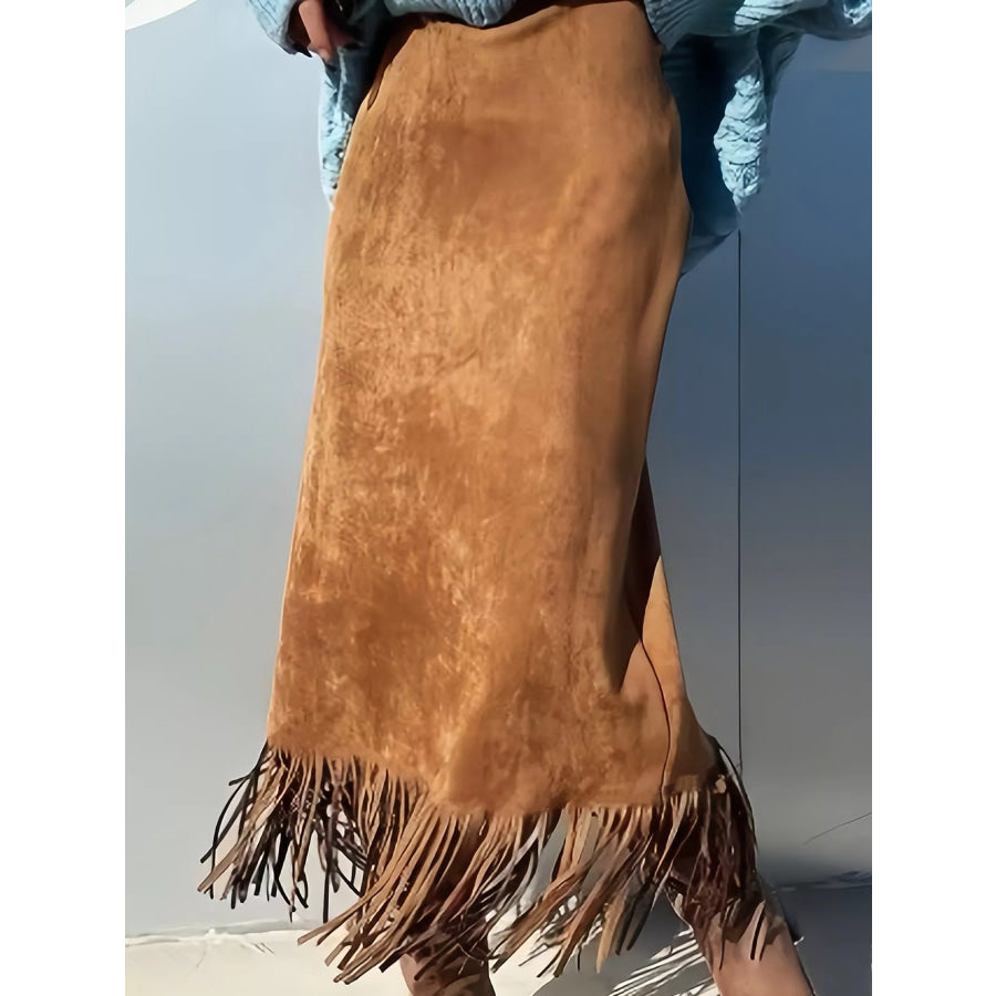 High-Waisted Fringe Midi Skirt Light Brown / S Apparel and Accessories