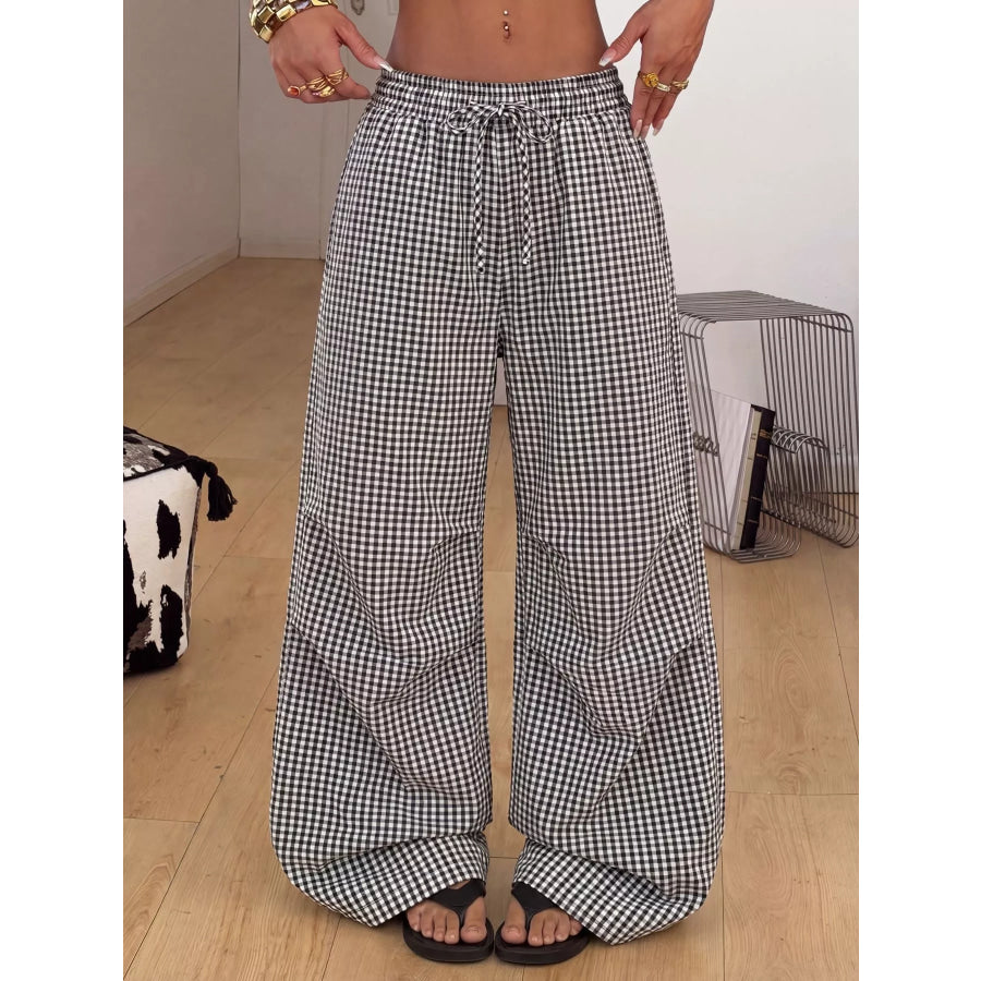 High-Waisted Gingham Wide-Leg Drawstring Pants Apparel and Accessories