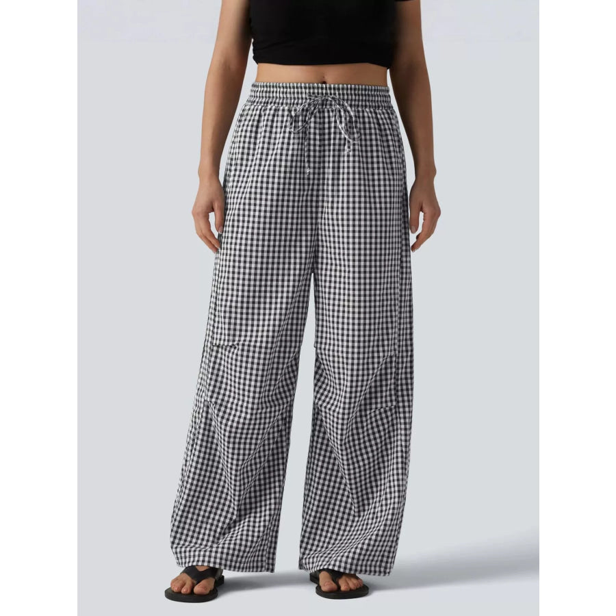 High-Waisted Gingham Wide-Leg Drawstring Pants Apparel and Accessories