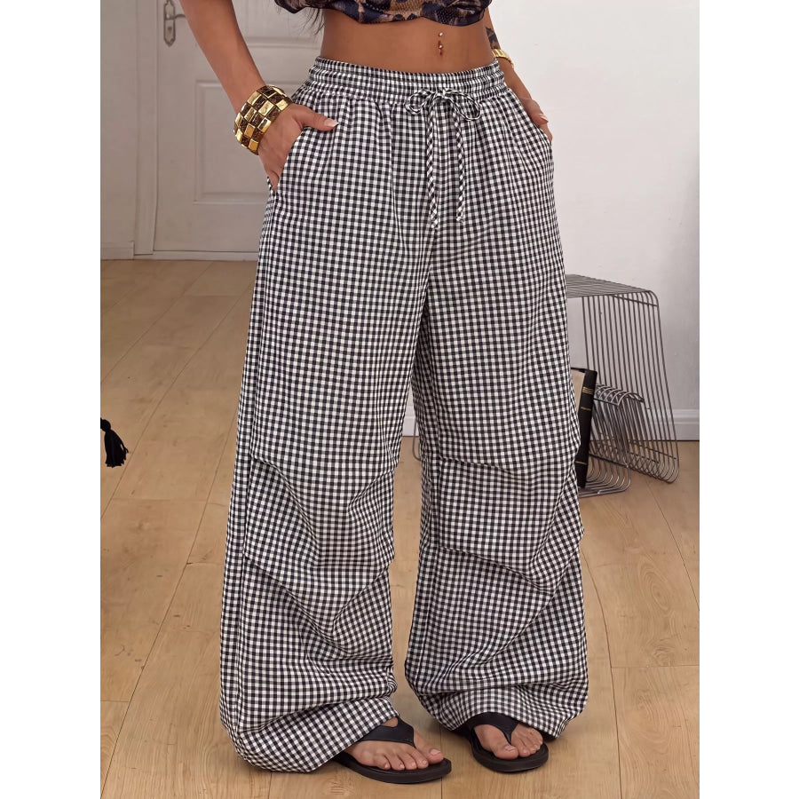High-Waisted Gingham Wide-Leg Drawstring Pants Apparel and Accessories