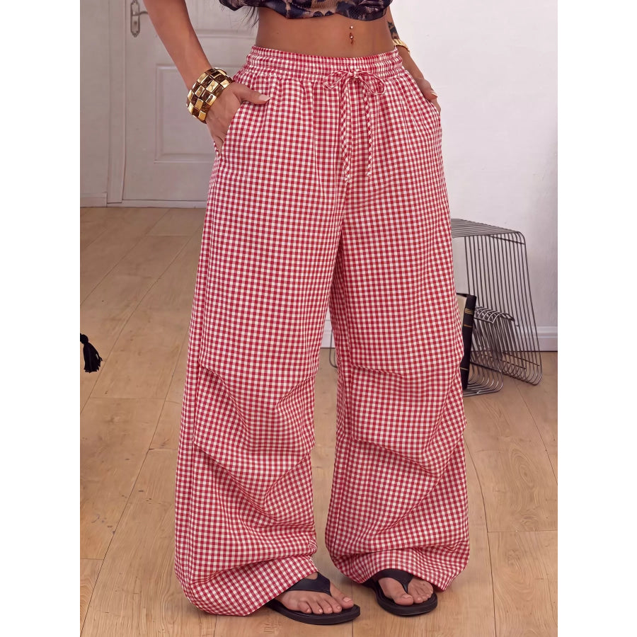 High-Waisted Gingham Wide-Leg Drawstring Pants Apparel and Accessories