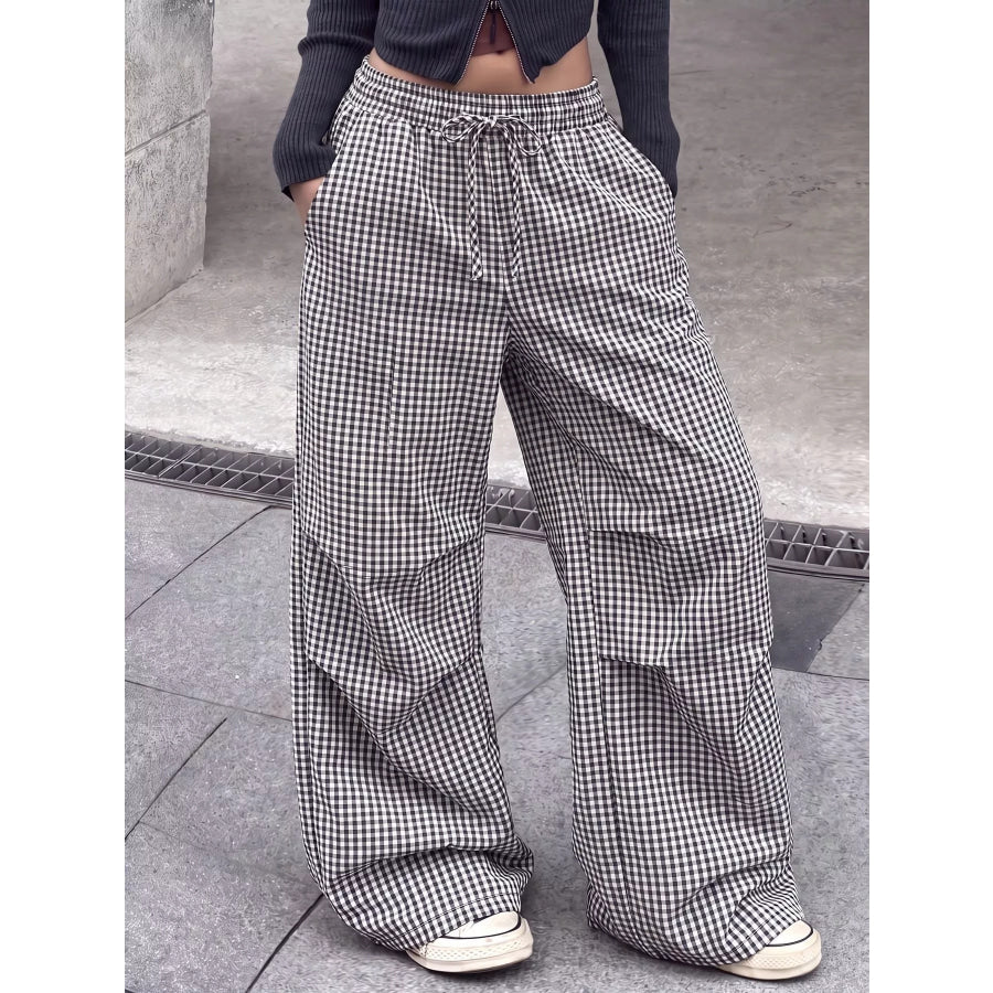 High-Waisted Gingham Wide-Leg Drawstring Pants Apparel and Accessories
