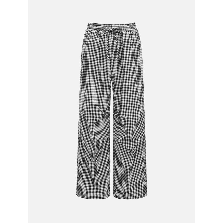 High-Waisted Gingham Wide-Leg Drawstring Pants Apparel and Accessories