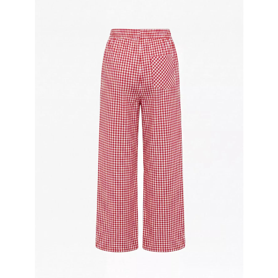 High-Waisted Gingham Wide-Leg Drawstring Pants Apparel and Accessories