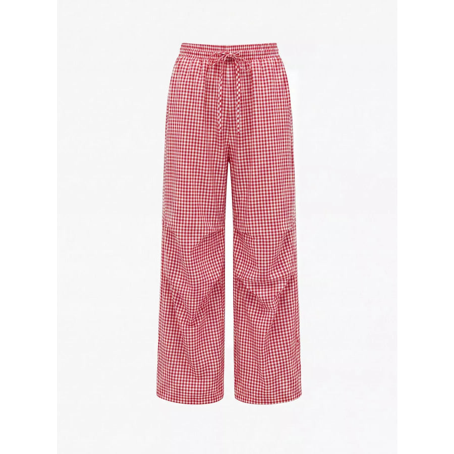 High-Waisted Gingham Wide-Leg Drawstring Pants Apparel and Accessories