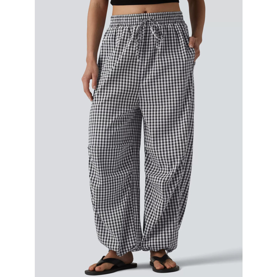 High-Waisted Gingham Wide-Leg Drawstring Pants Black / S Apparel and Accessories