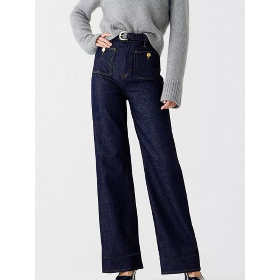 High-Waisted Jeans with Pockets Dark Blue / S Apparel and Accessories