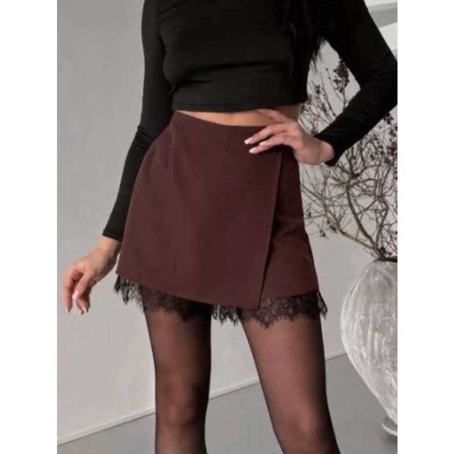 High-Waisted Lace Hem Skort Brown / S Apparel and Accessories