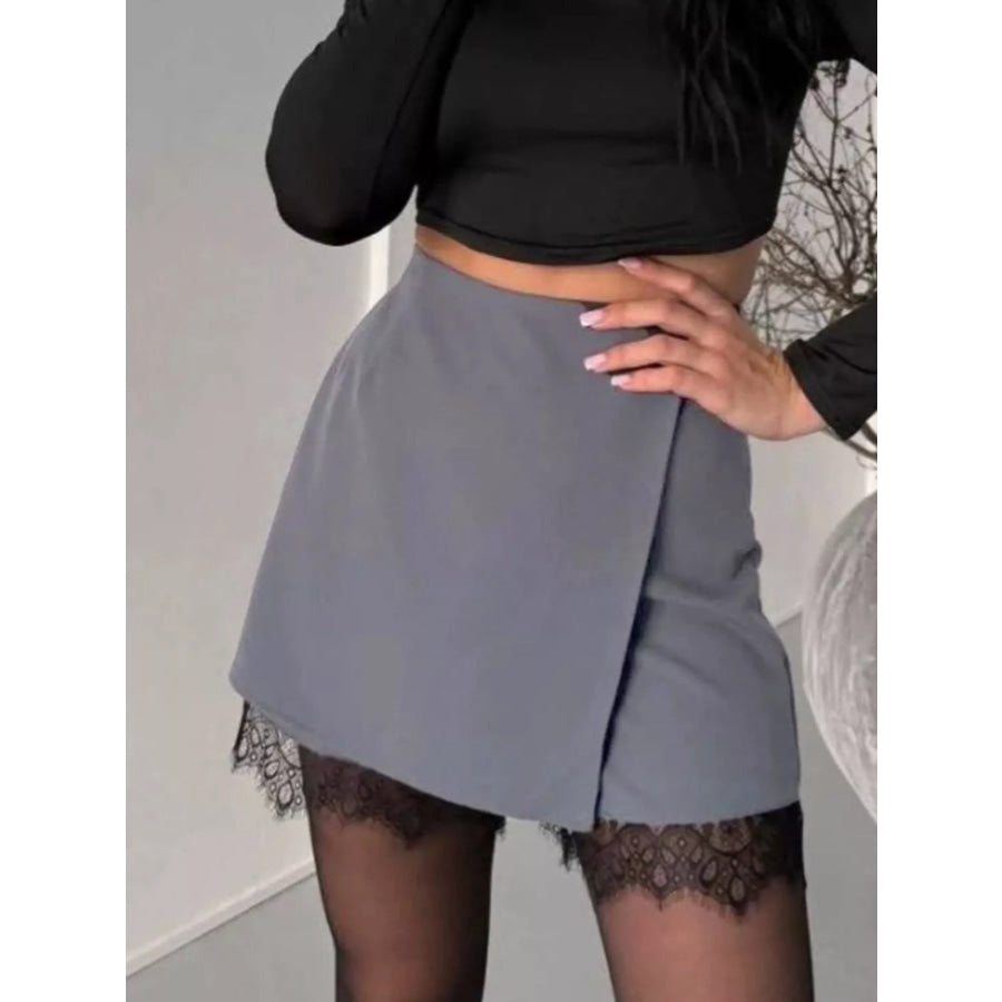 High-Waisted Lace Hem Skort Gray / S Apparel and Accessories
