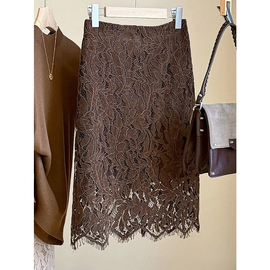 High-Waisted Lace Skirt Coffee / S Apparel and Accessories