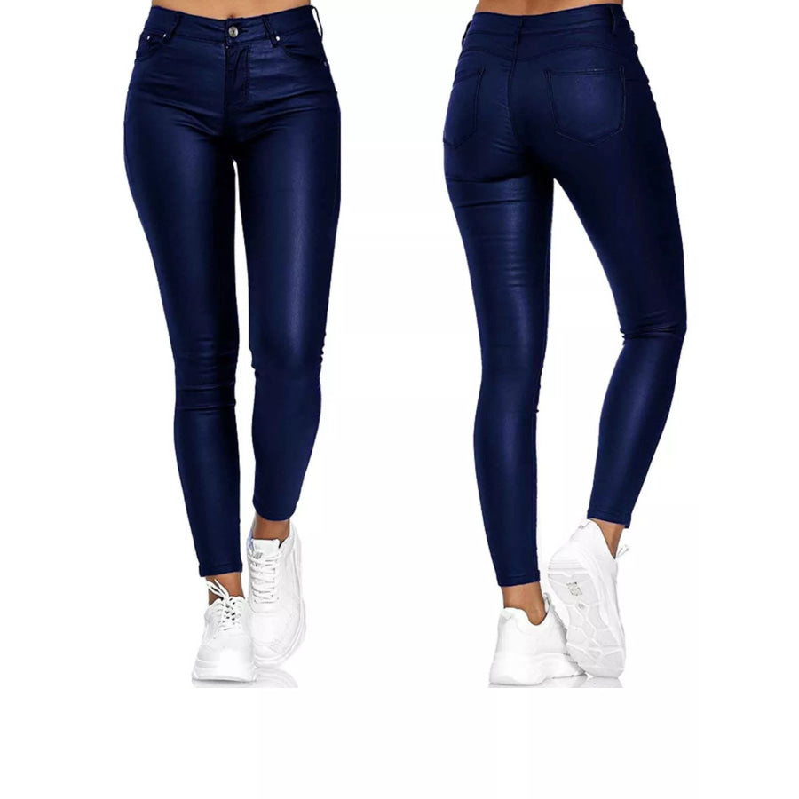 High-Waisted Leather Skinny Pants Blue / S Apparel and Accessories