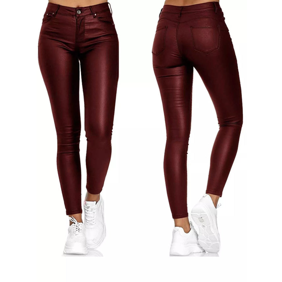 High-Waisted Leather Skinny Pants Burgundy / S Apparel and Accessories