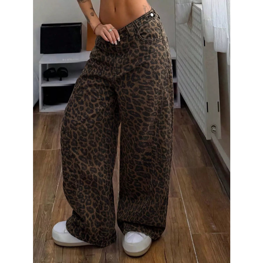 High-Waisted Leopard Wide-Leg Jeans Green / XXS Apparel and Accessories