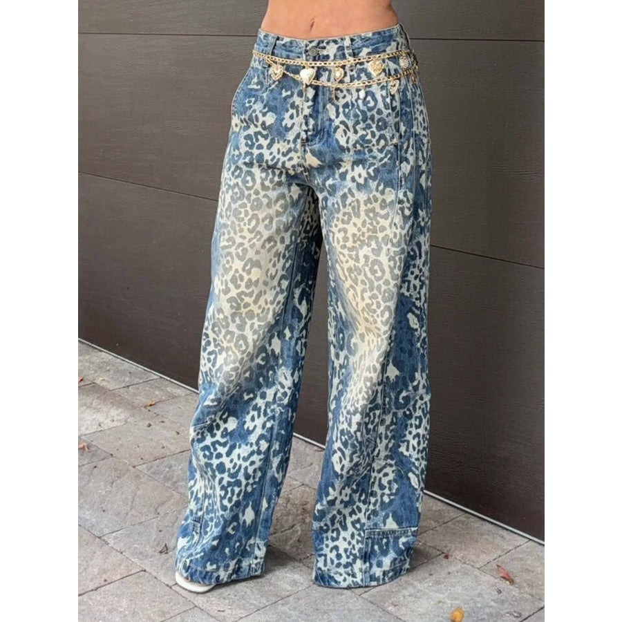 High-Waisted Leopard Wide-Leg Jeans Apparel and Accessories