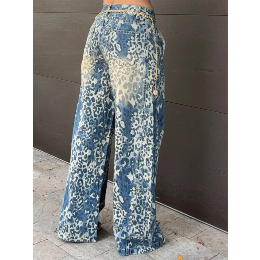 High-Waisted Leopard Wide-Leg Jeans Apparel and Accessories