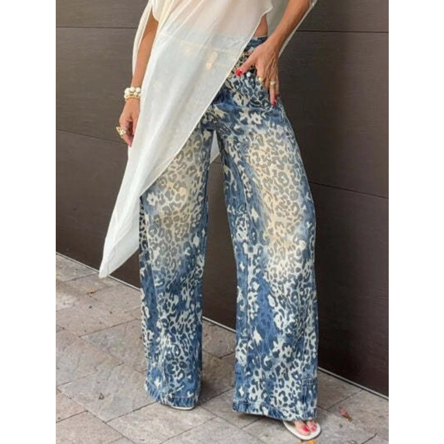 High-Waisted Leopard Wide-Leg Jeans Blue / S Apparel and Accessories