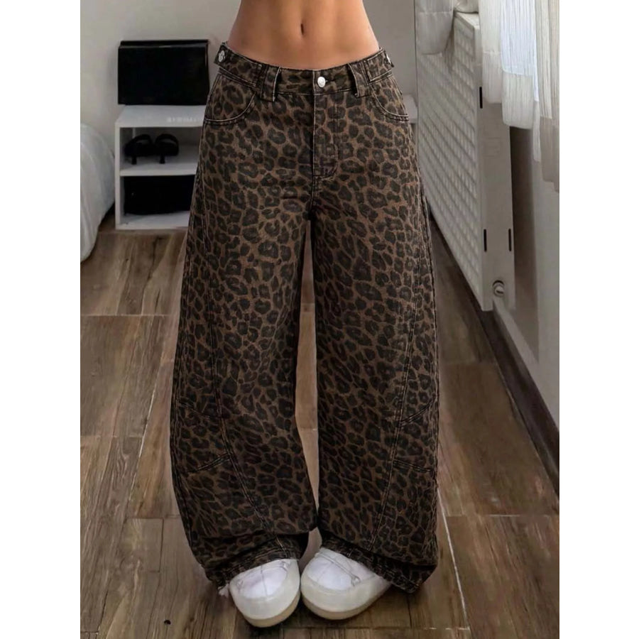 High-Waisted Leopard Wide-Leg Jeans Green / XXS Apparel and Accessories