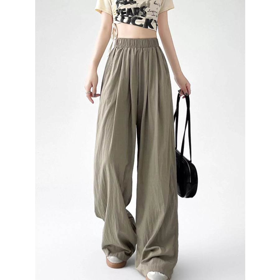 High-Waisted Loose Fit Wide-Leg Casual Pants Muted Olive - Petite / S Apparel and Accessories
