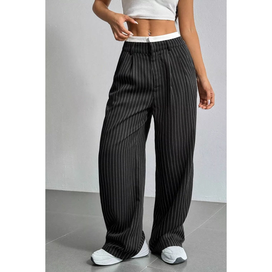 High-Waisted Pinstripe Wide-Leg Pants Black / S Apparel and Accessories