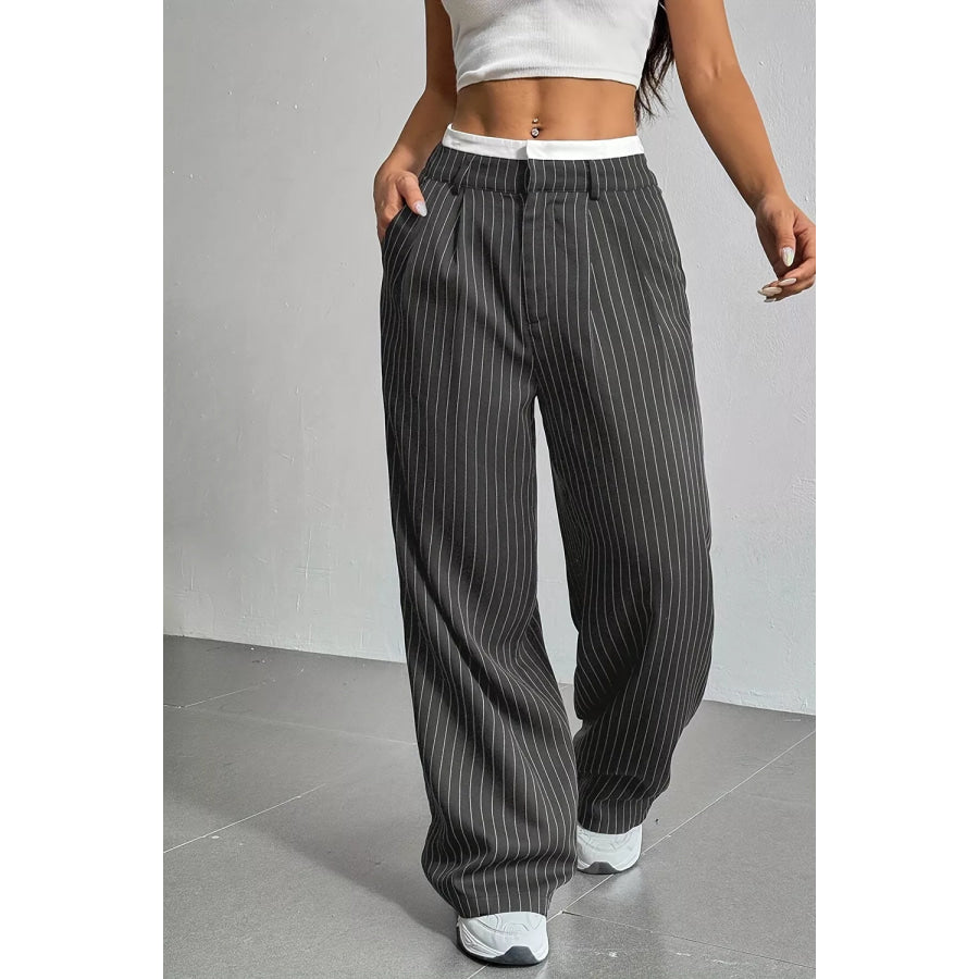 High-Waisted Pinstripe Wide-Leg Pants Dark Gray / S Apparel and Accessories