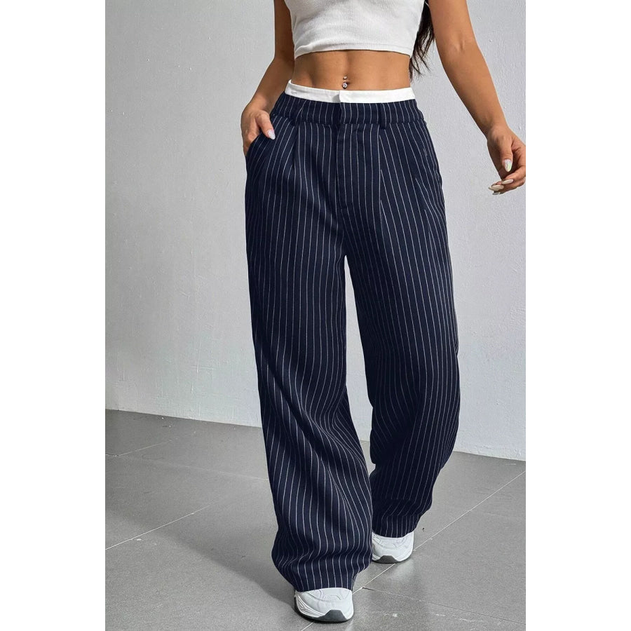 High-Waisted Pinstripe Wide-Leg Pants Navy / S Apparel and Accessories