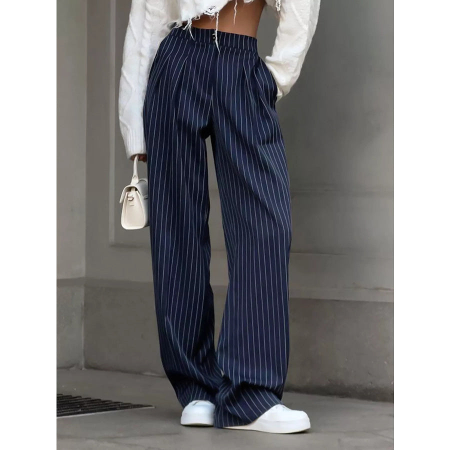High-Waisted Pinstripe Wide-Leg Pants Navy / S Apparel and Accessories