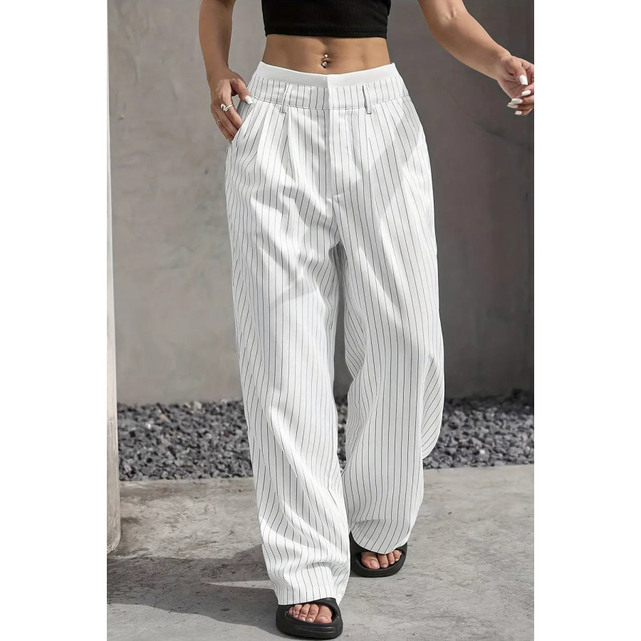 High-Waisted Pinstripe Wide-Leg Pants White / S Apparel and Accessories