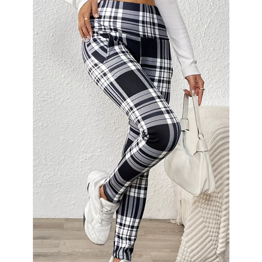 High-Waisted Plaid Slim-Fit Leggings Black / S Apparel and Accessories