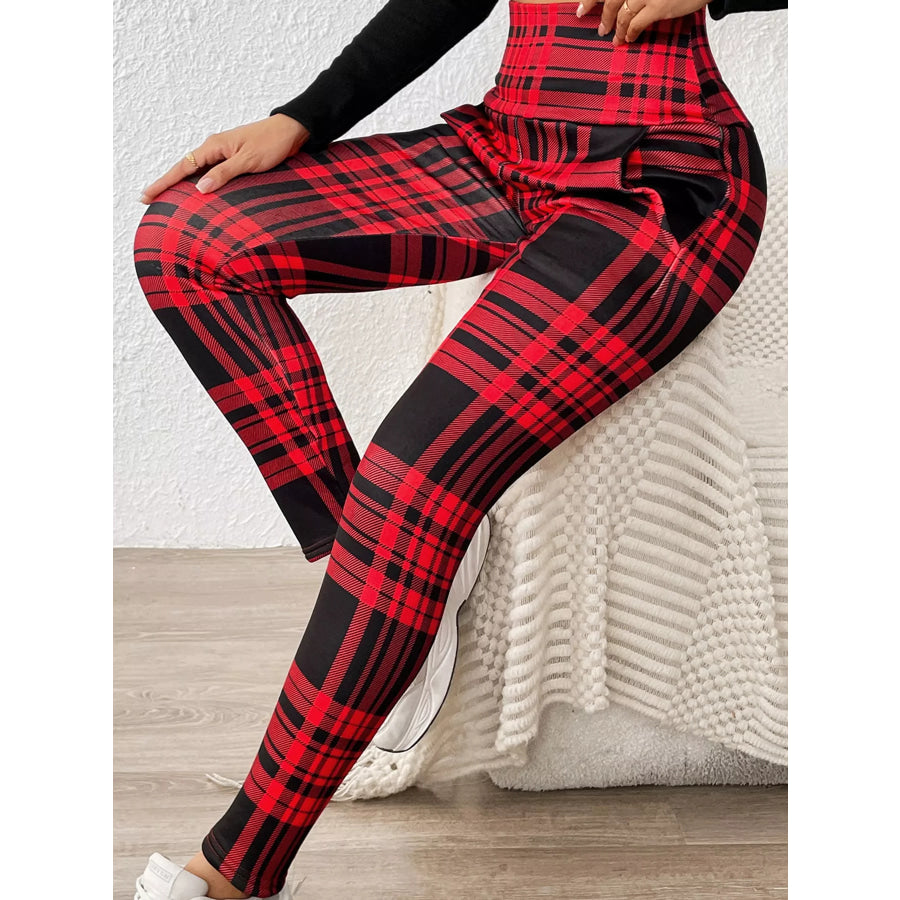 High-Waisted Plaid Slim-Fit Leggings Red / S Apparel and Accessories