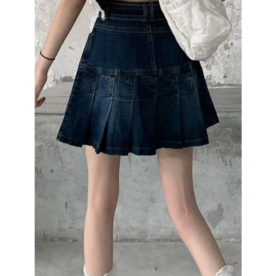 High-Waisted Pleated Denim Skirt Apparel and Accessories