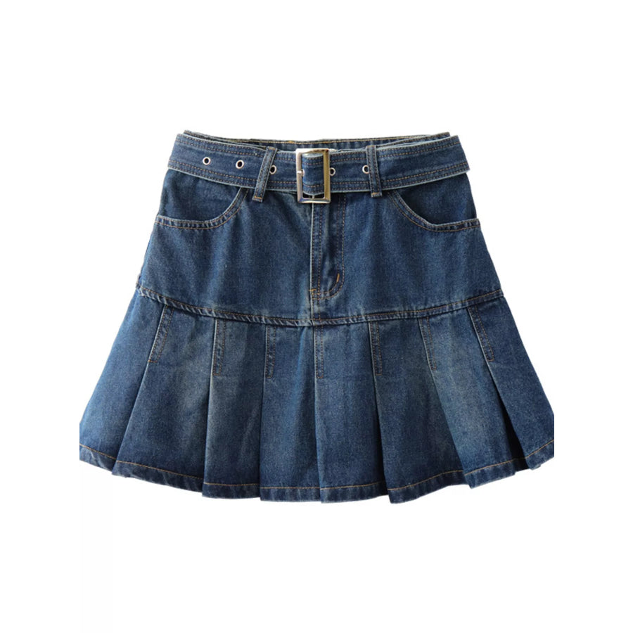 High-Waisted Pleated Denim Skirt Apparel and Accessories