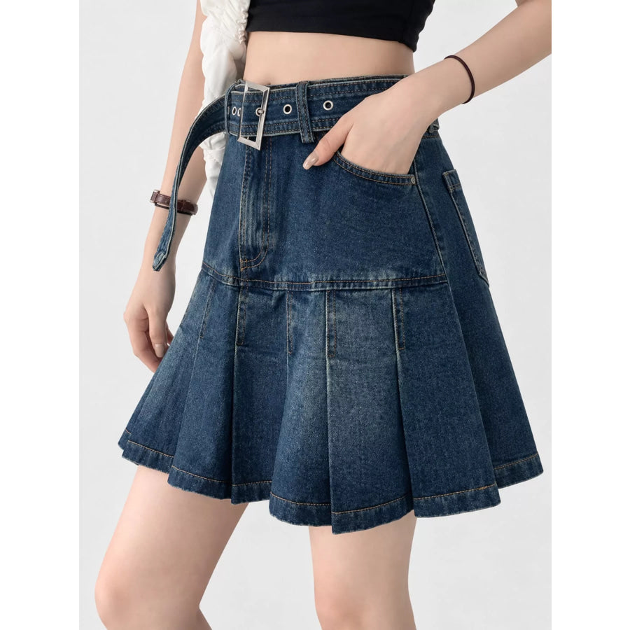 High-Waisted Pleated Denim Skirt Vintage Blue / XS Apparel and Accessories