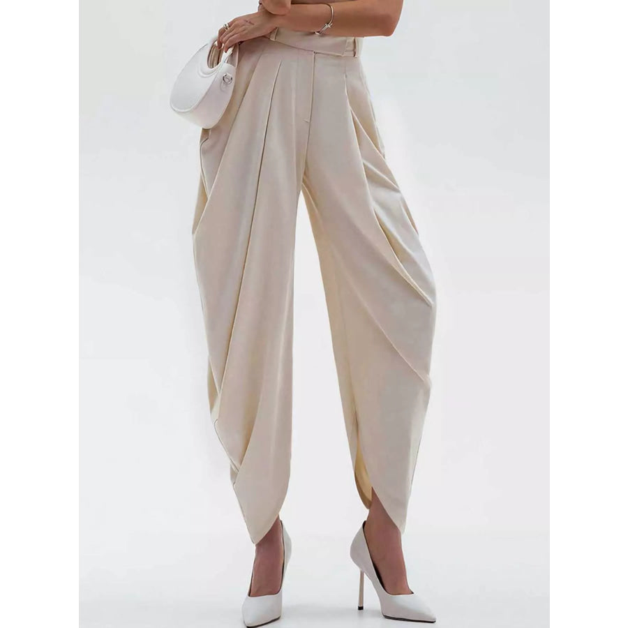High-Waisted Pleated Drape Pants Apricot / S Apparel and Accessories