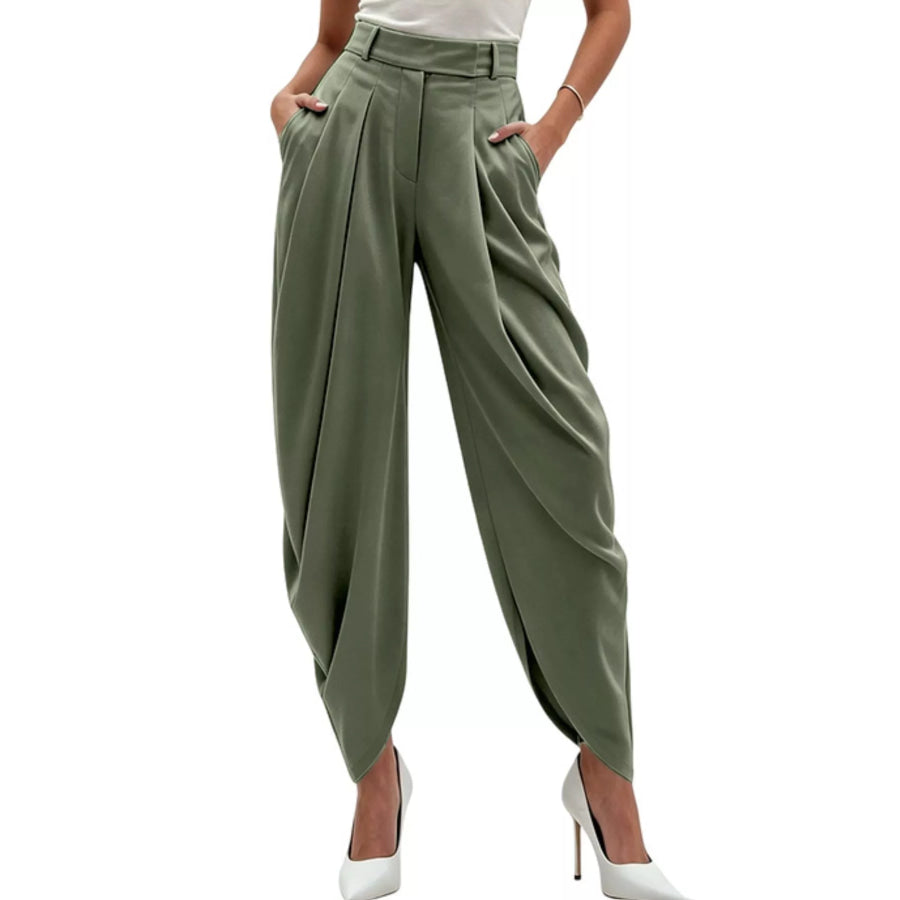 High-Waisted Pleated Drape Pants Army Green / S Apparel and Accessories