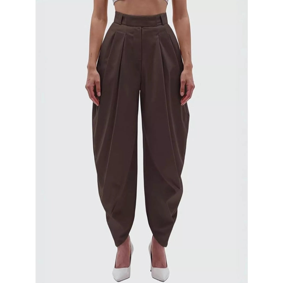 High-Waisted Pleated Drape Pants Brown / S Apparel and Accessories