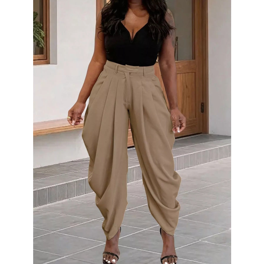 High-Waisted Pleated Drape Pants Deep Khaki / S Apparel and Accessories