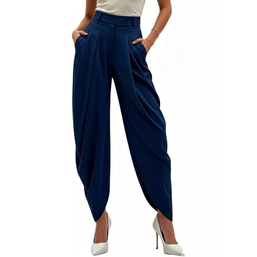 High-Waisted Pleated Drape Pants Navy Blue / S Apparel and Accessories