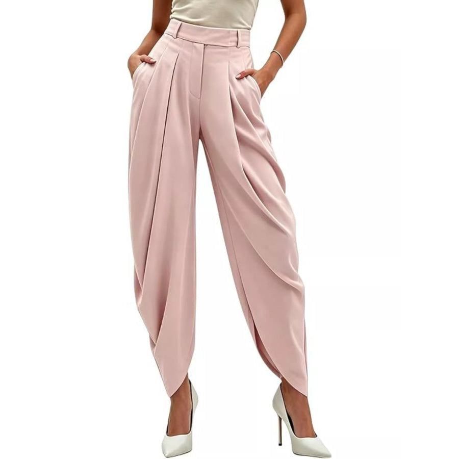 High-Waisted Pleated Drape Pants Pink / S Apparel and Accessories